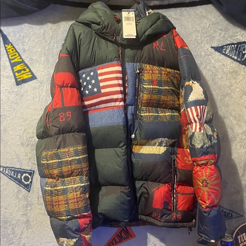 Polo by Ralph Lauren Patchwork Flag & Plaid Hooded Puffer - Green/Red/Blue